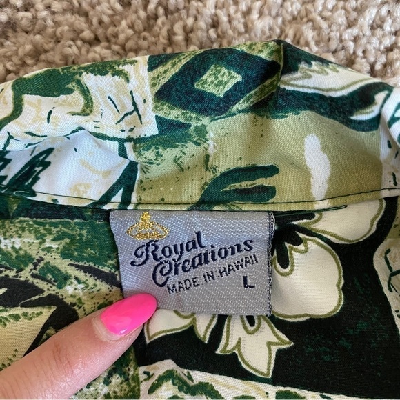 Royal Creations Hawaiian Shirt Sz L Hawaii Made Green Flower Palm Trees Pocket - Picture 5 of 8